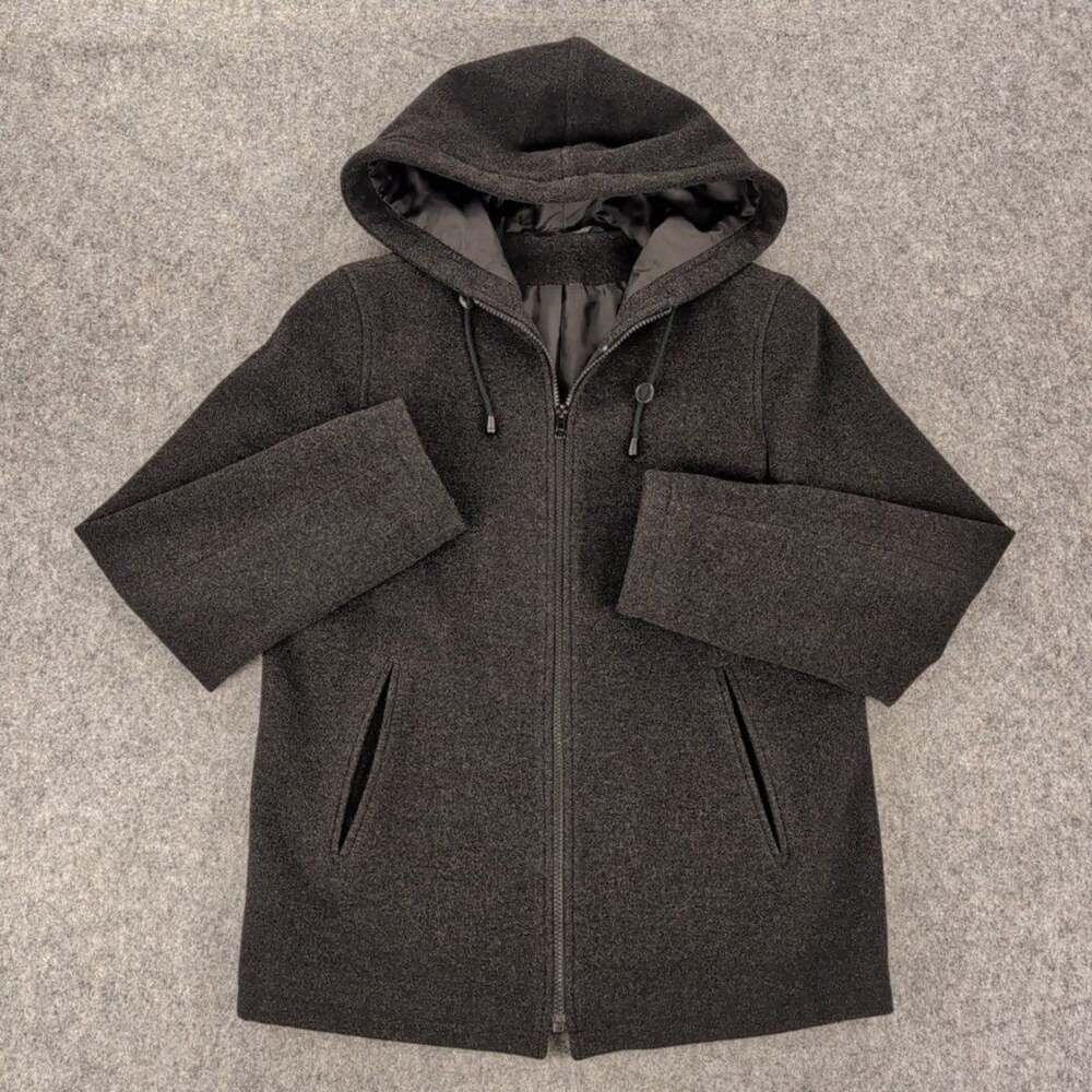 Vintage Laura Ashley Coat Womens Small Gray Hooded Wool Tweed Full Zip Pockets